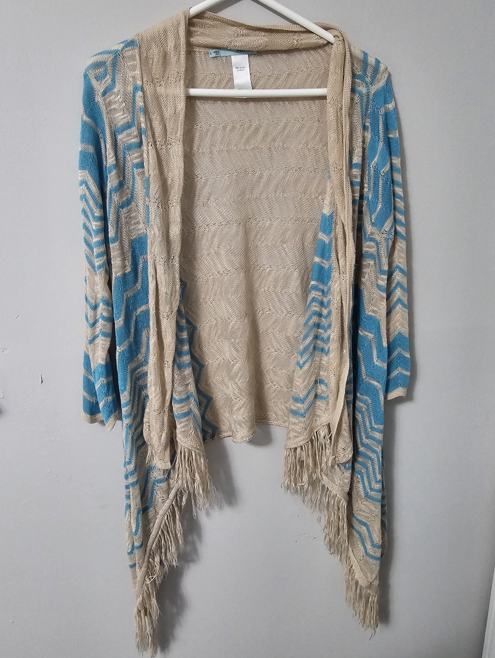 Maurices Beige and Blue Chevron Print Cardigan with Fringe